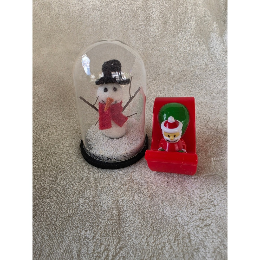 Christmas Decor Set Felt Snowman Glass Cloche and Wind Up Santa Sleigh Toy